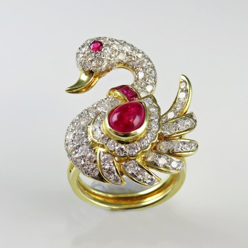 Swan Ring Swan Jewelry Ruby Diamond Ring Ruby Cocktail Ring Etsy