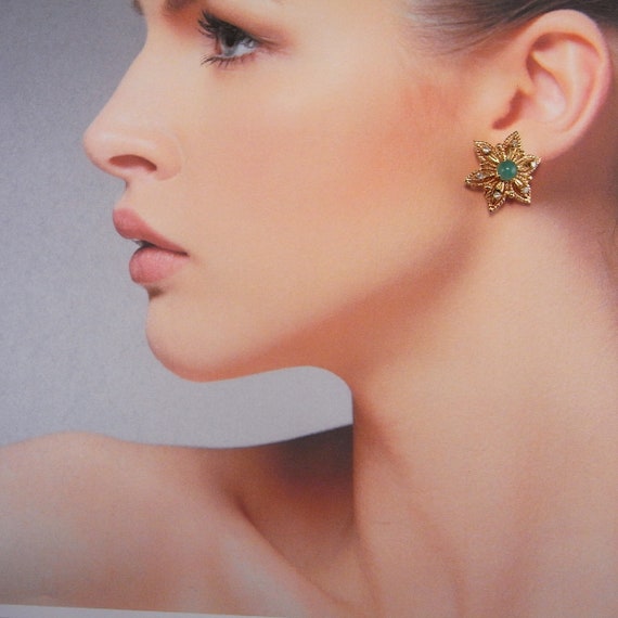 Mid Century Emerald Cabochon Earrings Emerald Dia… - image 6
