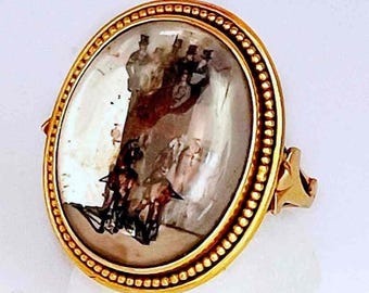 Victorian Essex Crystal Miniature 18K Gold Ring Antique 19th Century Painted Rock Crystal Intaglio Ring Stage Coach Ring