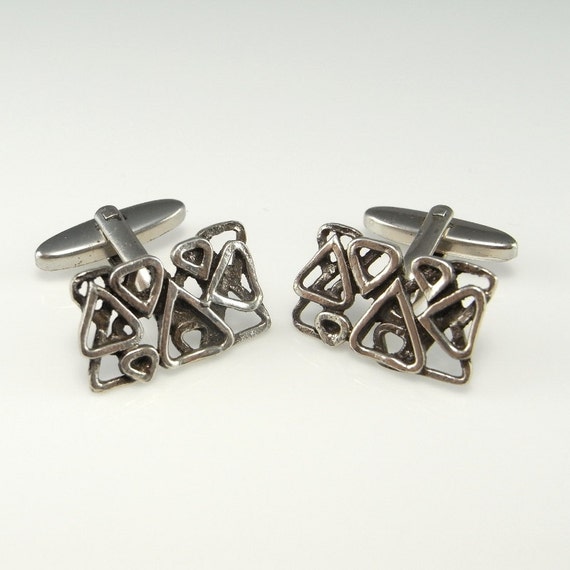 Vintage Silver Cufflinks Geometric Cuff Links wit… - image 1