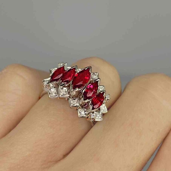 Unheated Deep Red Ruby Cluster Ring 18K White Gol… - image 5