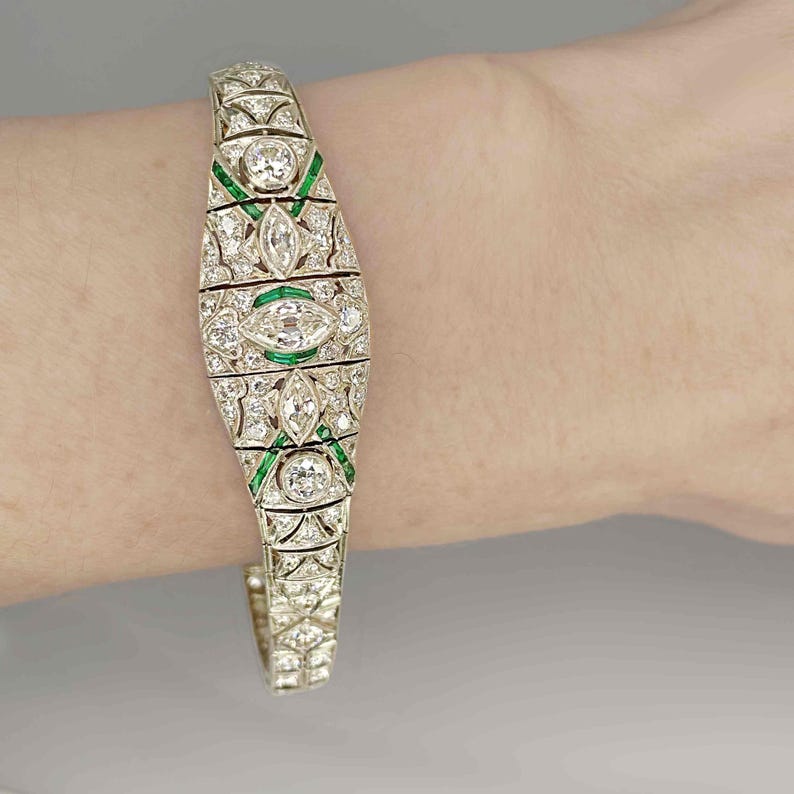 OOAK Art Deco Platinum Emerald Diamond Bracelet Art Deco Antique Diamond Bangle 1920s 1930s Jewelry for Anniversary Gift image 11