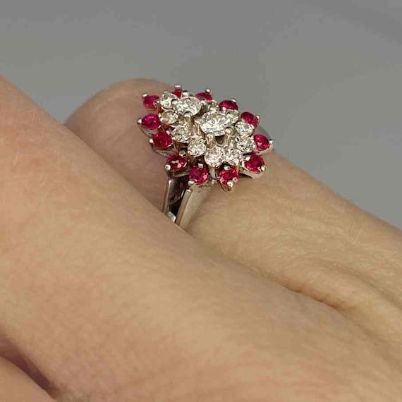 Tear Drop Ruby Diamond Cluster Ring 14K Gold 1950… - image 3
