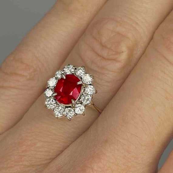 Vintage Ruby Engagement Ring Ruby Diamond Halo En… - image 2
