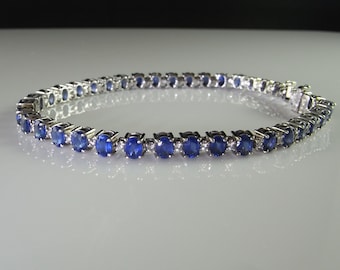 Pulsera de tenis de diamantes con zafiro azul de Ceilán Pulsera de diamantes con zafiro azul aciano natural Pulsera de zafiro sin calor Oro de 14 quilates para mujer