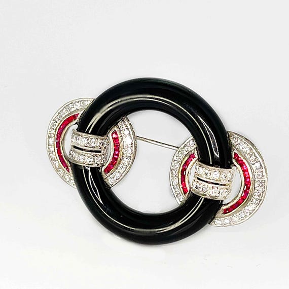 OOAK Art Deco Ruby Diamond Onyx 18K Brooch Pin 1930s OOAK Ruby Anniversary Gifts