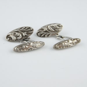 Antique Handmade One of a Kind Edwardian Sterling 925 Silver Cuff Links Cufflinks Scroll Floral Motif Mens Accessories Unisex Jewelry Gifts