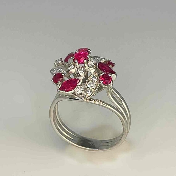 Vintage Ruby Flower Ring 18K White Gold Unheated … - image 7