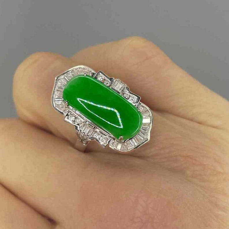 Untreated Jade Engagement 18K Gold Ring Emerald Green Jadeite Jade Diamond Halo Ring Large Jade Statement Ring Unique Jade Diamond Ring image 6