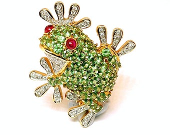 Tsavorite Ruby Diamond Frog Tree Frog 18K Gold Brooch Pin Animal Brooch Pin Jewelry Frog Jewelry Tsavorite Birthstone Green Frog Pin Brooch
