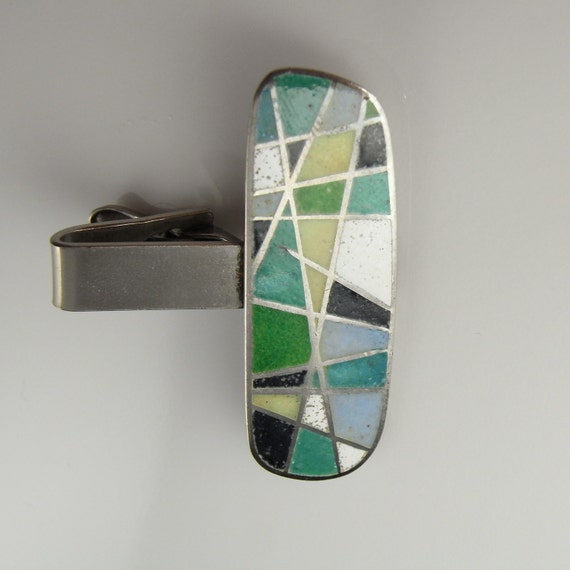Vintage Modernist Enamel Silver Tie Cip Clasp Bar… - image 1