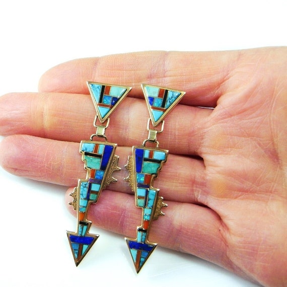 Native American Gold Earrings 14K Inlay Inlaid Tur