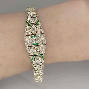 OOAK Art Deco Platinum Emerald Diamond Bracelet Art Deco Antique Diamond Bangle 1920s 1930s Jewelry for Anniversary Gift image 2