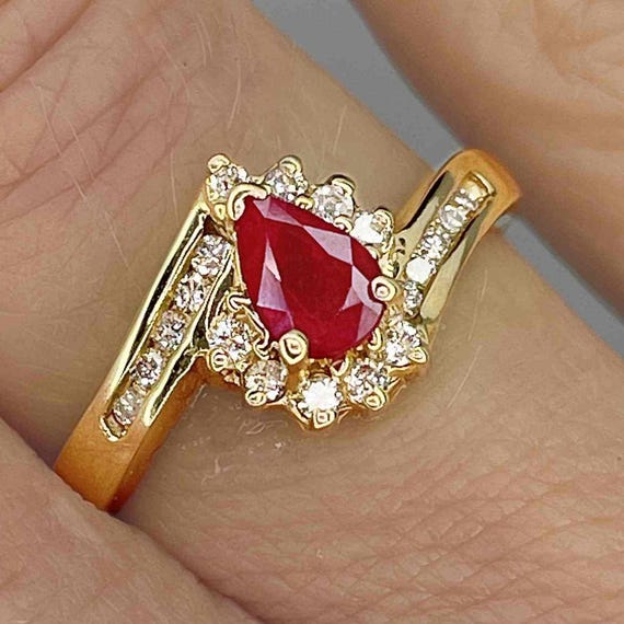 Tear Drop Ruby Ring Unheated Ruby Diamond Ring 14… - image 1