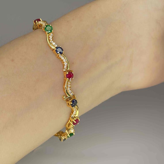 Gorgeous Ruby Sapphire Emerald Diamond 14K Gold B… - image 5