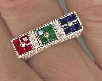 Ruby Sapphire Emerald Ring Geometric Diamond Ring 18K Gold Unisex Gold Rings Pinky Rings Modernist Ring Unique Anniversary Ring Gifts