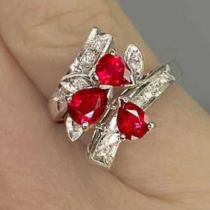 Anillo de rubí sin calentar con racimo de diamantes, oro de 14 quilates, ramo de flores, rubíes, diamantes, anillo de compromiso único con rubí, anillo de aniversario, anillo de cóctel con rubí