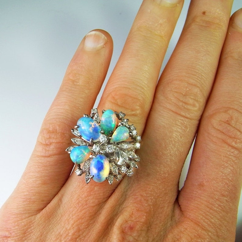 Australian Opal Ring Opal Diamond Ring Natural Opal Ring Natural Opal Jewelry Opal Cluster Ring Vintage Diamond Ring 18K Gold Ring Unique image 1