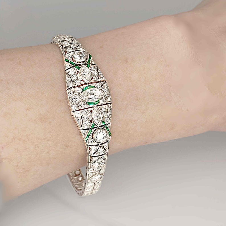 OOAK Art Deco Platinum Emerald Diamond Bracelet Art Deco Antique Diamond Bangle 1920s 1930s Jewelry for Anniversary Gift image 10