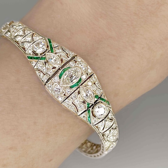 OOAK Art Deco Platinum Emerald Diamond Bracelet Art Deco Antique Diamond Bangle 1920s 1930s Jewelry for Anniversary Gift