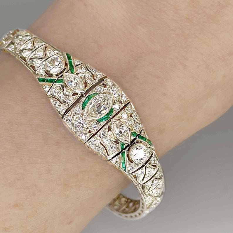 OOAK Art Deco Platinum Emerald Diamond Bracelet Art Deco Antique Diamond Bangle 1920s 1930s Jewelry for Anniversary Gift image 1