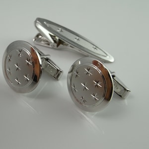 Cufflinks with Tie Clip Clasp Bar in Box Star Engraved Sterling Silver 1950s Mens Cuff Link Set Accessories 50s Gifts Modernist Jewelry Men