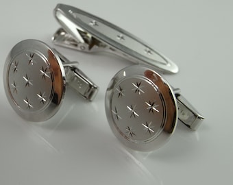 Cufflinks with Tie Clip Clasp Bar in Box Star Engraved Sterling Silver 1950s Mens Cuff Link Set Accessories 50s Gifts Modernist Jewelry Men
