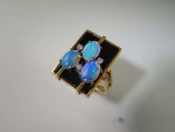 Australian Opal Ring 1970s Jewelry Onyx Diamond Ri