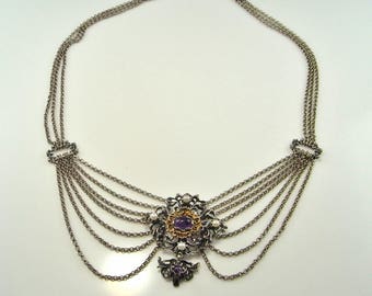 Collar de perlas antiguo Collar de amatista antiguo Collar de festón Collar drapeado Cabujón de amatista de plata Joyería Bib Collar Boda