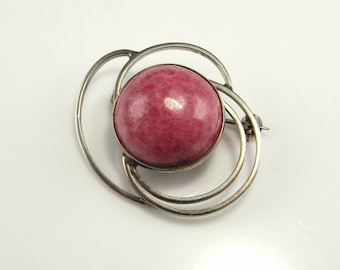 Pink Rhodonite Jewelry Cabochon Brooch Pin Artisan Jewelry Brooch Modernist Mid Century Silver Brooch Pin Geometric Jewelry Brooch Unique