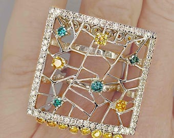 Huge Unisex Diamond 18K Gold Ring Natural Diamond Ring Multicolor Diamond Ring Unisex Diamond Statement Geometric Kinetic Gold Ring