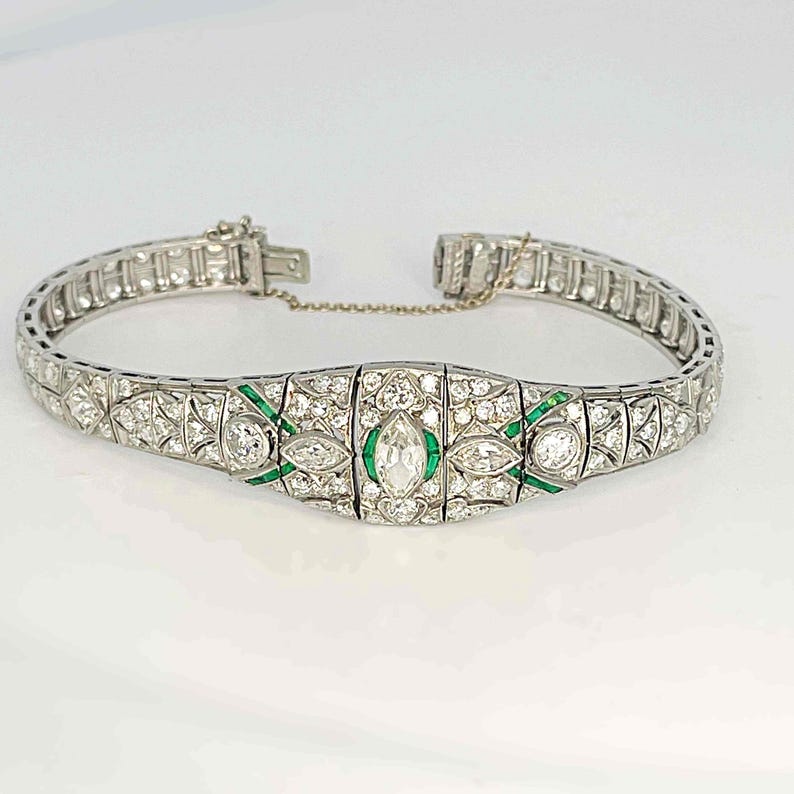 OOAK Art Deco Platinum Emerald Diamond Bracelet Art Deco Antique Diamond Bangle 1920s 1930s Jewelry for Anniversary Gift image 7