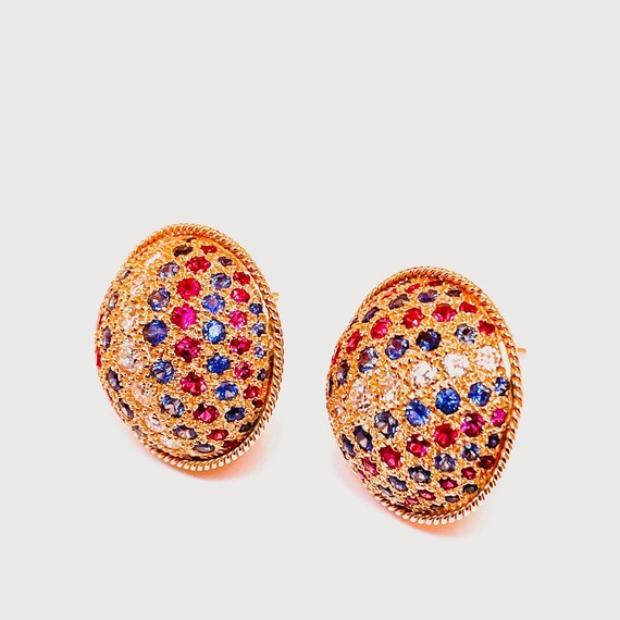 Button Earrings Natural Ruby Earrings Blue Sapphi… - image 5