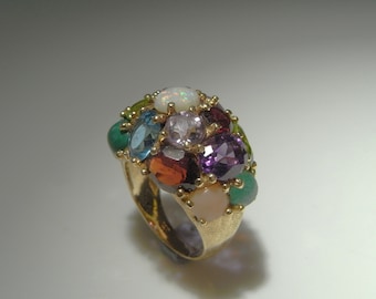 Dome Cluster Multistone Gold Ring Modernist Statement Ring Chunky Rings Multicolor Rainbow Gem Gemstone Ring Birthstone Jewelry Gifts