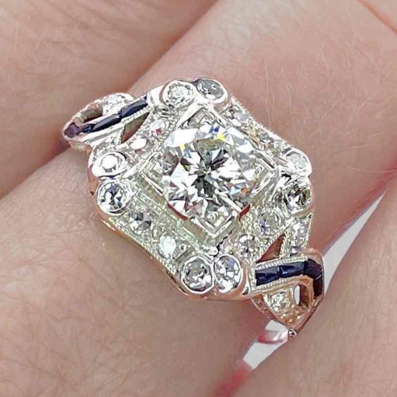 OOAK Art Deco-period 1920-tals diamant-safir-platinaring Unik antik diamantring med övergångsslipning Unik jubileumsring bild 1