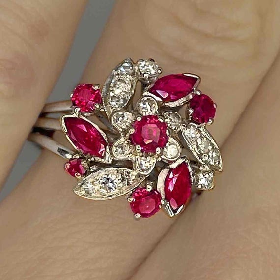 Vintage Ruby Flower Ring 18K White Gold Unheated … - image 1