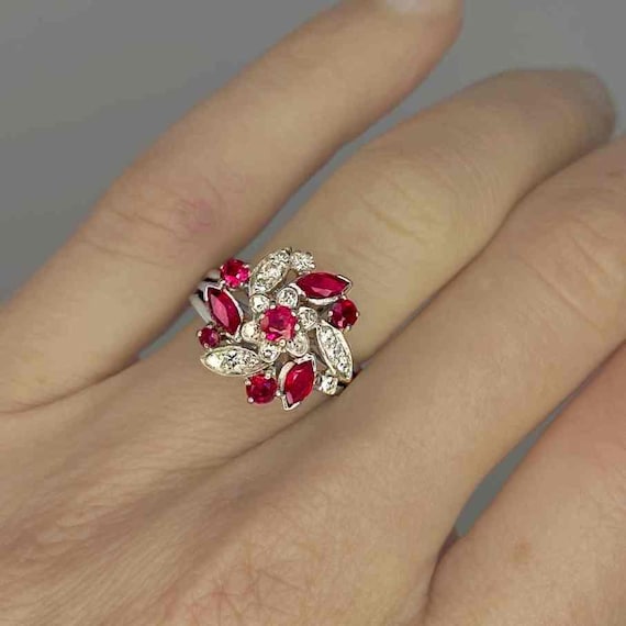 Vintage Ruby Flower Ring 18K White Gold Unheated … - image 3