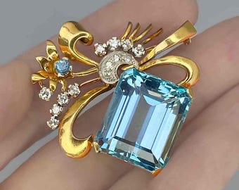 OOAK Art Deco Large Unheated Aquamarine Diamond 18K Gold Brooch 1930s Aquamarine Anniversary Gift