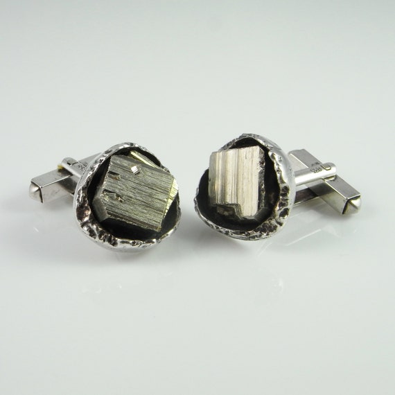 Raw Pyrite Crystal Silver Mens Vintage Cuff Links… - image 5