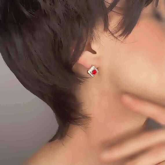 Ruby Earrings 18K Gold Square Cut Ruby Stud Earri… - image 7