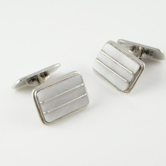 Vintage Silver Cufflinks Geometric Cuff Links wit… - image 1