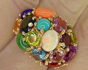 Unique Multi Gemstone Large 14K Gold Ring Multistone Rainbow Dome Ring 1960s 1970s Gold Ring One of a Kind Engagement Ring