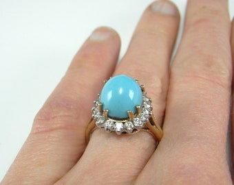 Persian Turquoise Ring Turquoise Diamond Ring Turquoise Engagement Ring Birthstone Jewelry 1950s Gold Ring Blue Anniversary Wedding Ring