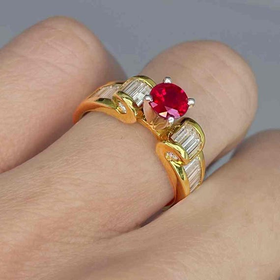Red Ruby Diamond Engagement Ring 18K Platinum Han… - image 2