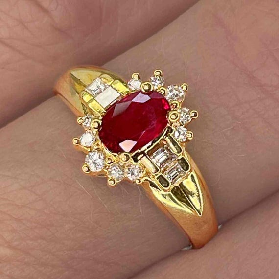 Unheated Dark Red Ruby Ring 18K Ruby Gold Diamond… - image 1