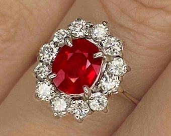Vintage Ruby Engagement Ring Ruby Diamond Halo Engagement Ring Ruby Anniversary Ring Estate Natural Ruby Ring 18K Gold Unique Ruby Ring