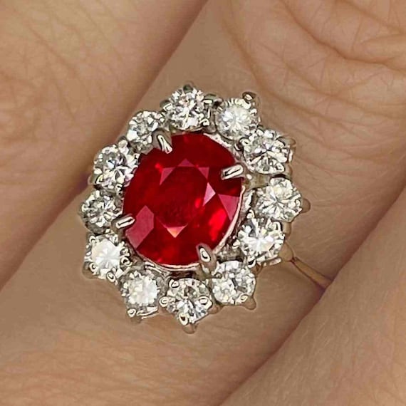 Vintage Ruby Engagement Ring Ruby Diamond Halo En… - image 1