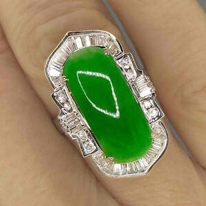 Untreated Jade Engagement 18K Gold Ring Emerald Green Jadeite Jade Diamond Halo Ring Large Jade Statement Ring Unique Jade Diamond Ring