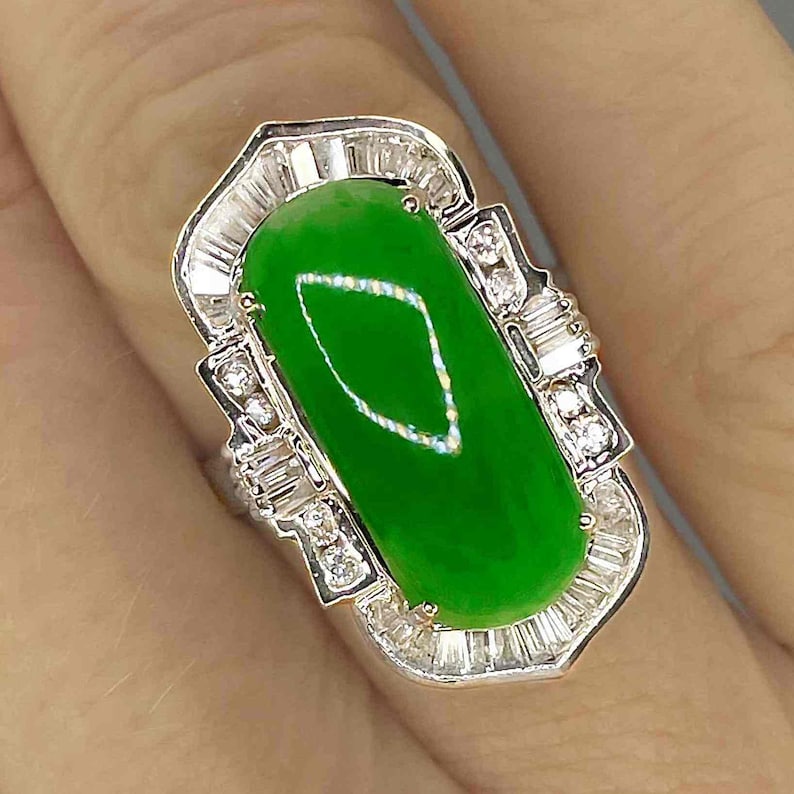 Untreated Jade Engagement 18K Gold Ring Emerald Green Jadeite Jade Diamond Halo Ring Large Jade Statement Ring Unique Jade Diamond Ring image 1
