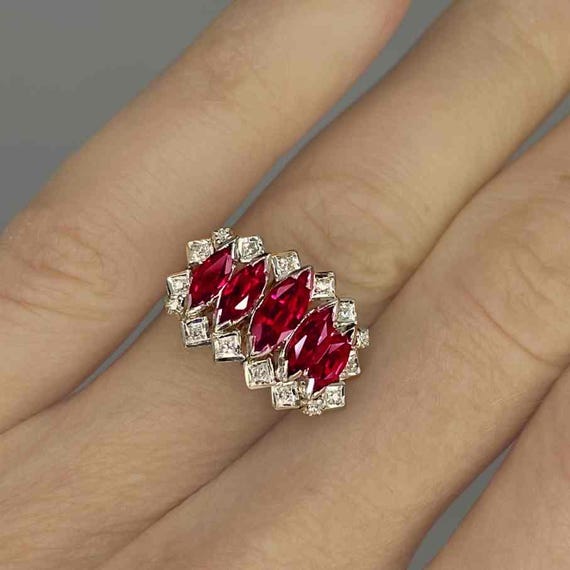 Unheated Deep Red Ruby Cluster Ring 18K White Gol… - image 2